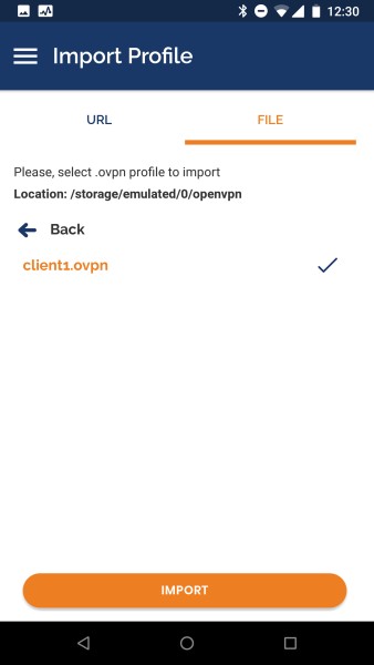 The OpenVPN Android app selecting VPN profile to import