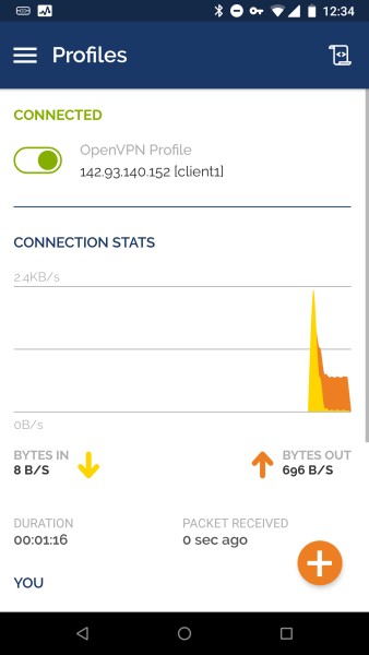 The OpenVPN Android app connected to the VPN