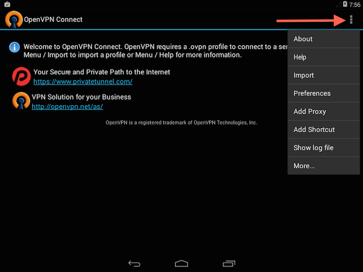 The OpenVPN Android app profile import menu selection